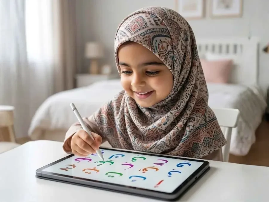A young girl practicing Arabic letters with a stylus on a tablet